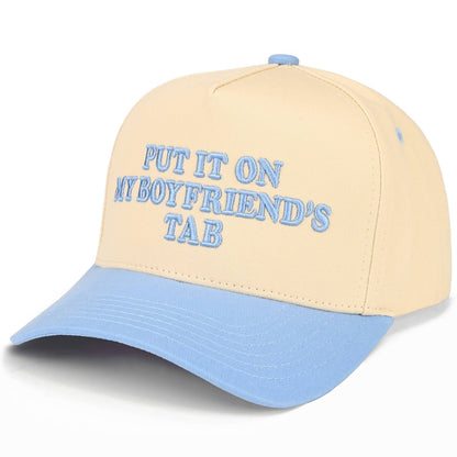 C.C PUT IT ON MY BOYFRIEND'S TAB Letter Two Tone Trucker Hat: Sky Blue