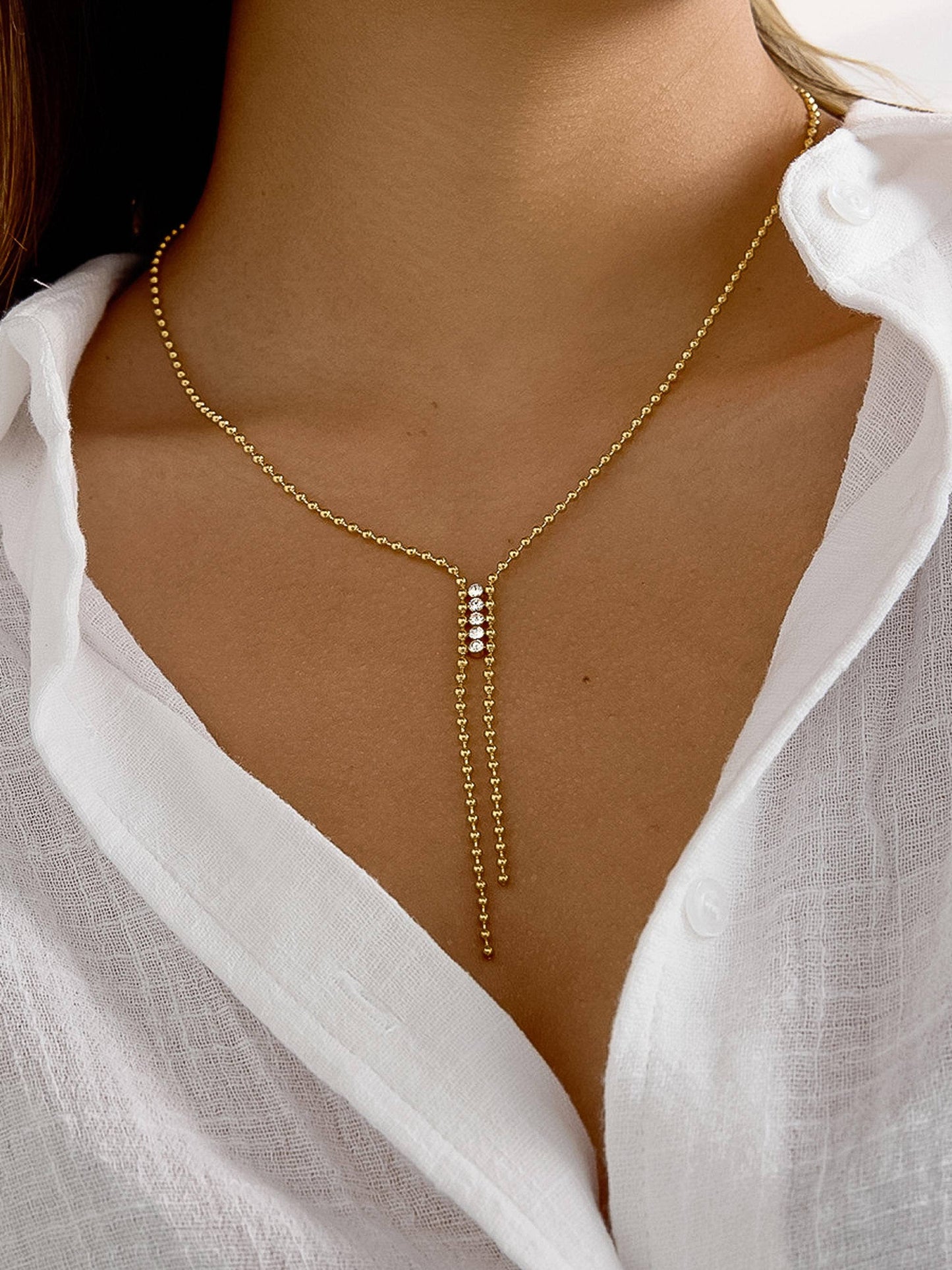 Zephine 18K Gold Non-Tarnish CZ Lariat Necklace: Yellow Gold