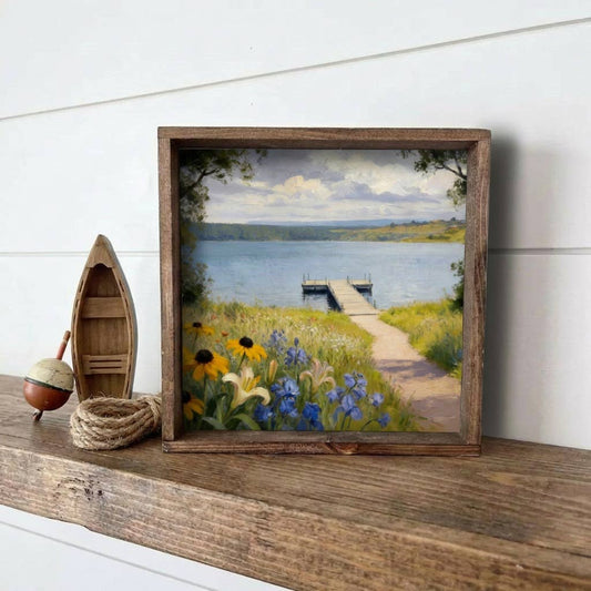 Boat Dock with Flowers, Lake Small Framed Wooden Sign: Walnut / 8x8