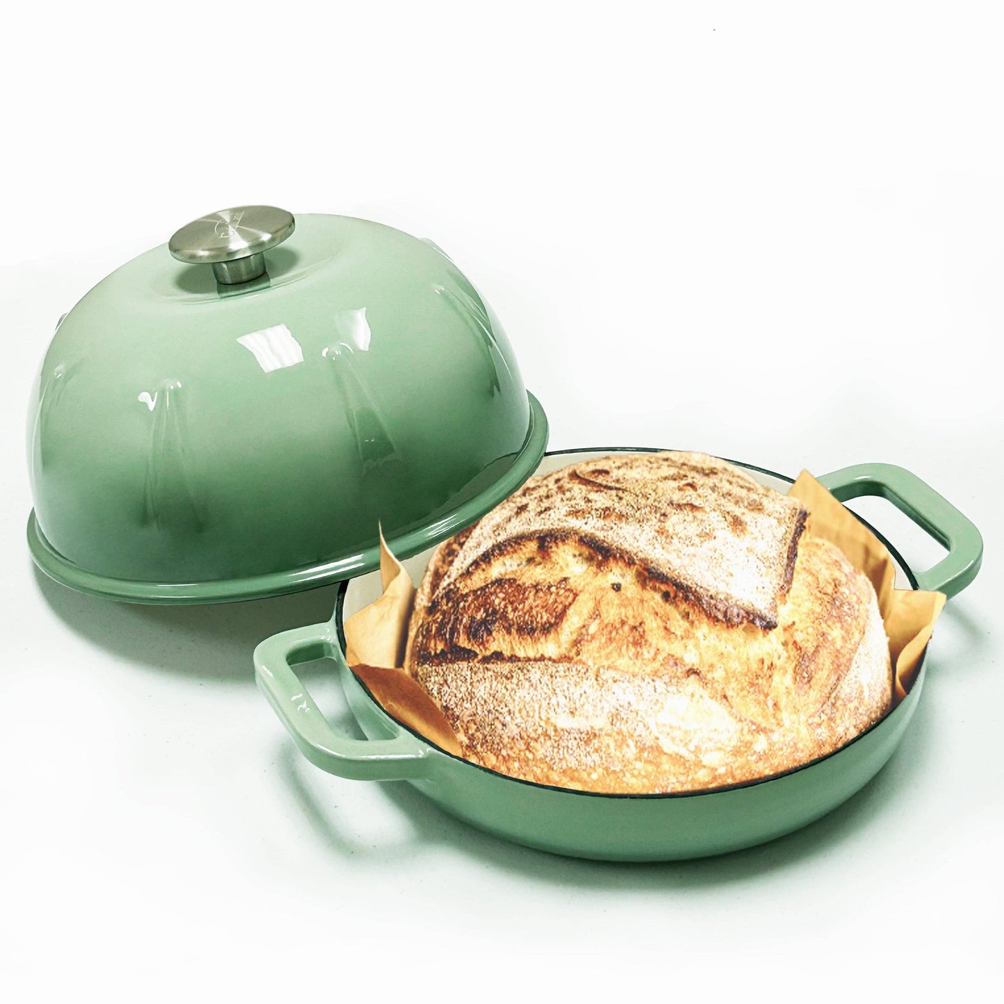 Cuisiland Pre-Seasoned Cast Iron Bread Cloche – Dome Lid Dutch Oven for Artisan Sourdough Baking – Heat-Retaining, Nonstick Bakeware for Crispy Crust & Even Baking – Oven Safe: Green