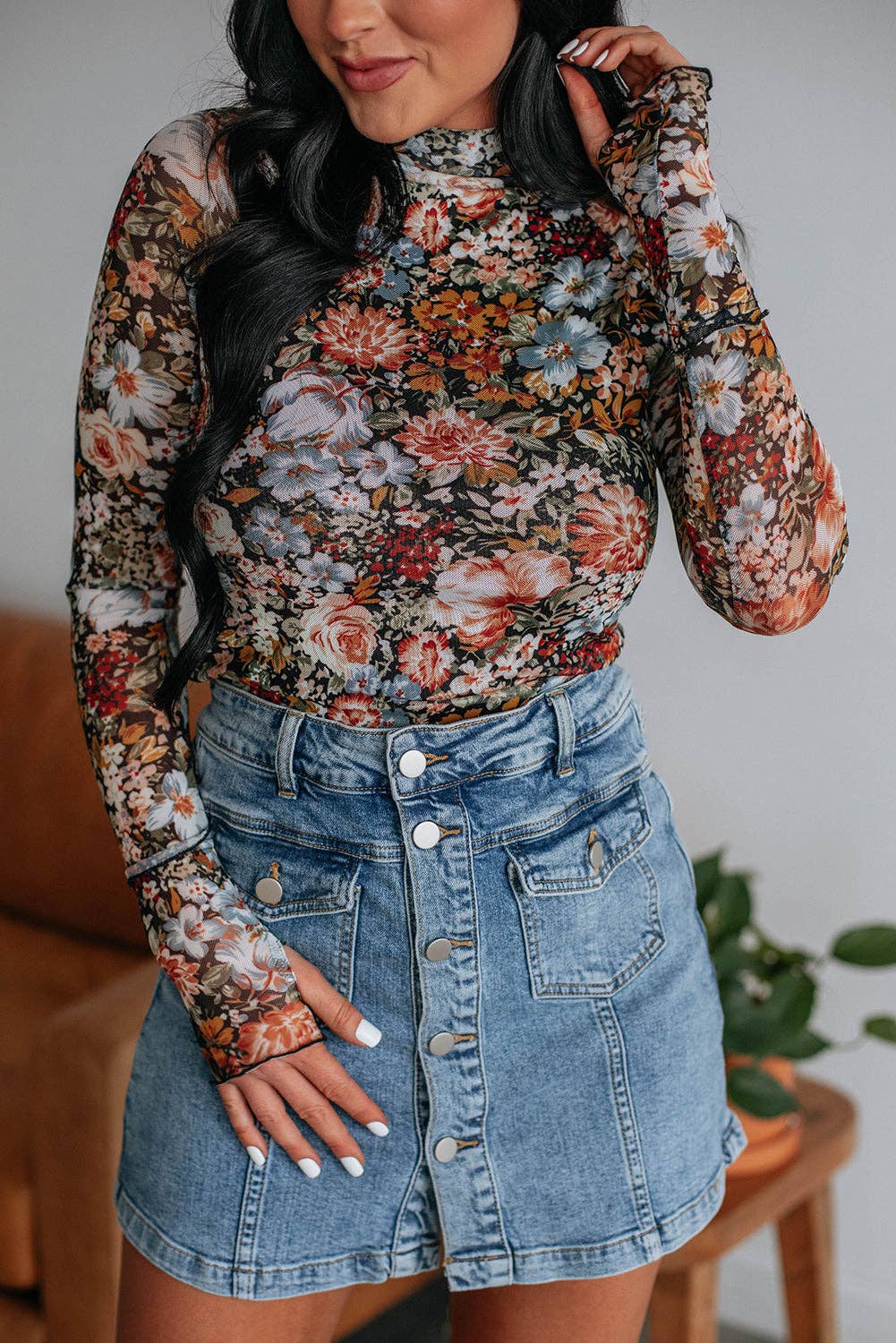 Brown Floral Long Sleeve High Neck Sheath Mesh Blouse: Brown