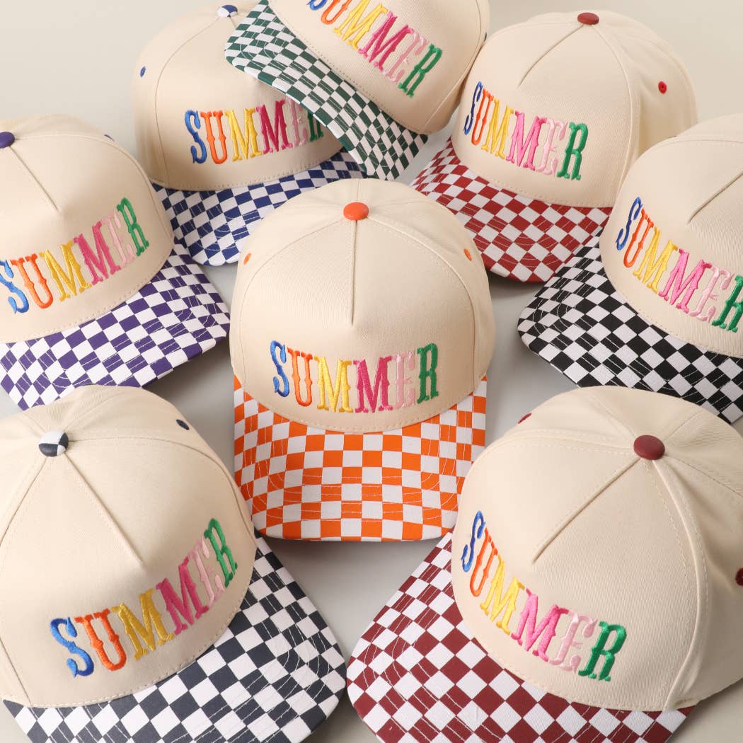 SUMMER Embroidered Checkered Brim Trucker Hat: DK.GREEN / ONE SIZE