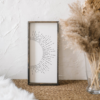 Sunburst Framed Print – Handmade Boho Line Art Wood Print: Clay