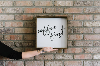 Coffee First Framed Print – Kitchen & Coffee Bar Wall Art: White