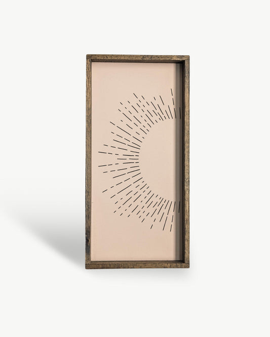 Sunburst Framed Print – Handmade Boho Line Art Wood Print: Peach
