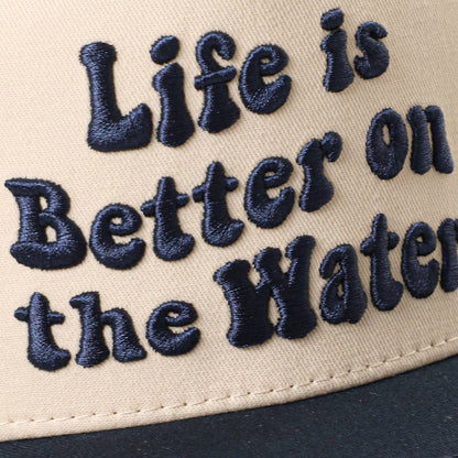 LIFE IS BETTER ON THE WATER 3D Embroidered Trucker Hat: NAVY / ONE SIZE
