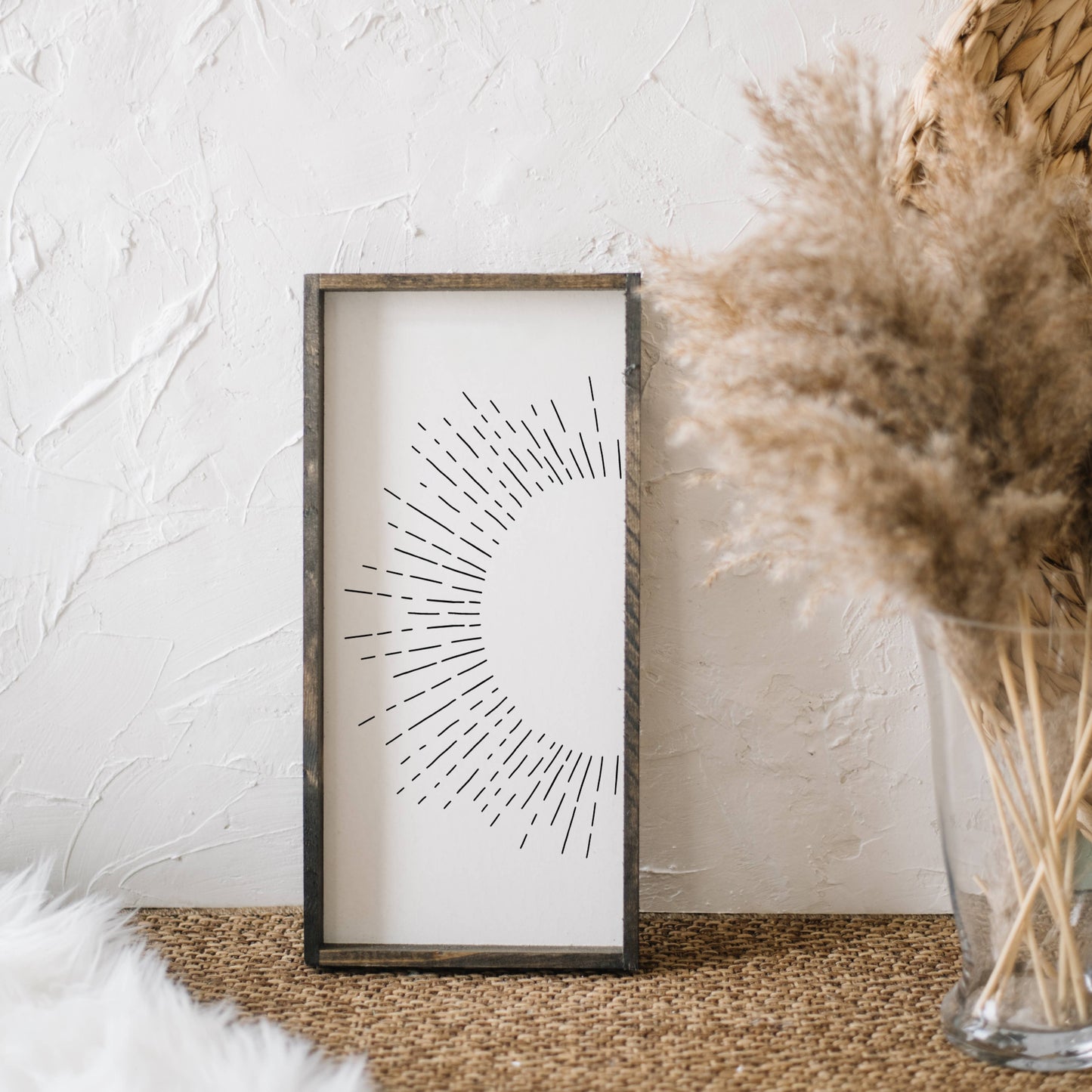 Sunburst Framed Print – Handmade Boho Line Art Wood Print: Clay