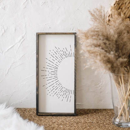Sunburst Framed Print – Handmade Boho Line Art Wood Print: Clay