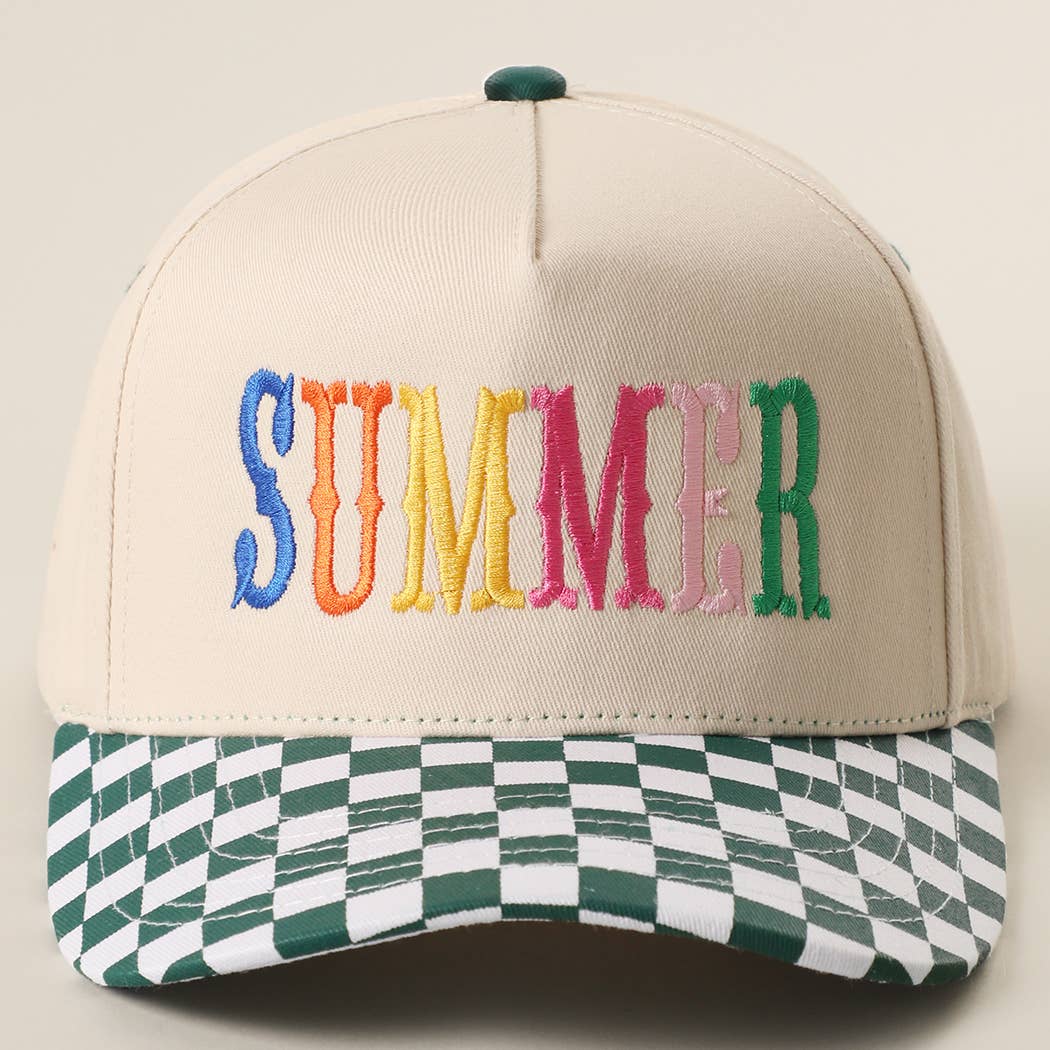 SUMMER Embroidered Checkered Brim Trucker Hat: DK.GREEN / ONE SIZE