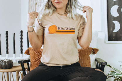 Saskatchewan Retro 70s Unisex T-shirt | Saskatchewan Clothing | Prairie Clothing: Military Green
