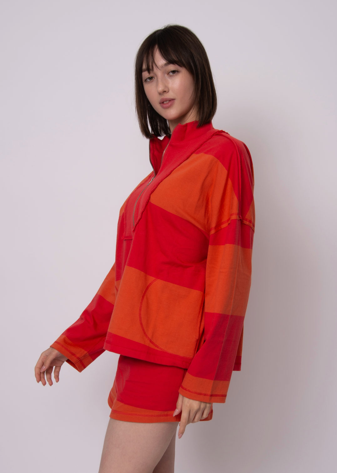 CAMILLE STRIPE HEAVY JERSEY LS HALF ZIP TOP - Cherry