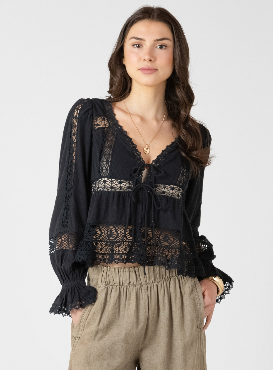 MIXED FABRIC LACE TRIM TOP  -Dex