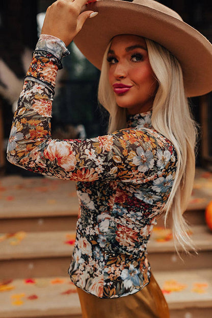 Brown Floral Long Sleeve High Neck Sheath Mesh Blouse: Brown