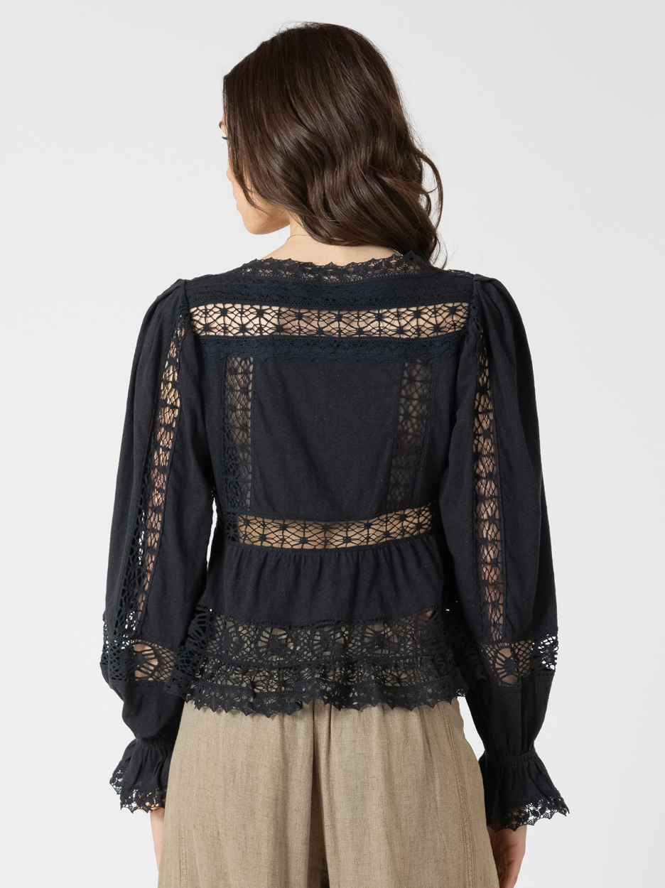 MIXED FABRIC LACE TRIM TOP  -Dex