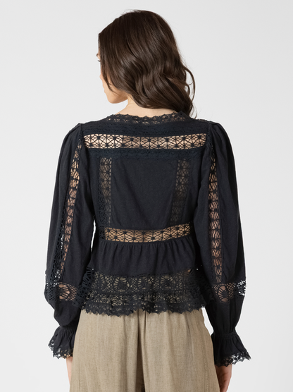 MIXED FABRIC LACE TRIM TOP  -Dex