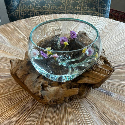 Large Glass Bowl Hand Blown Glass on Driftwood