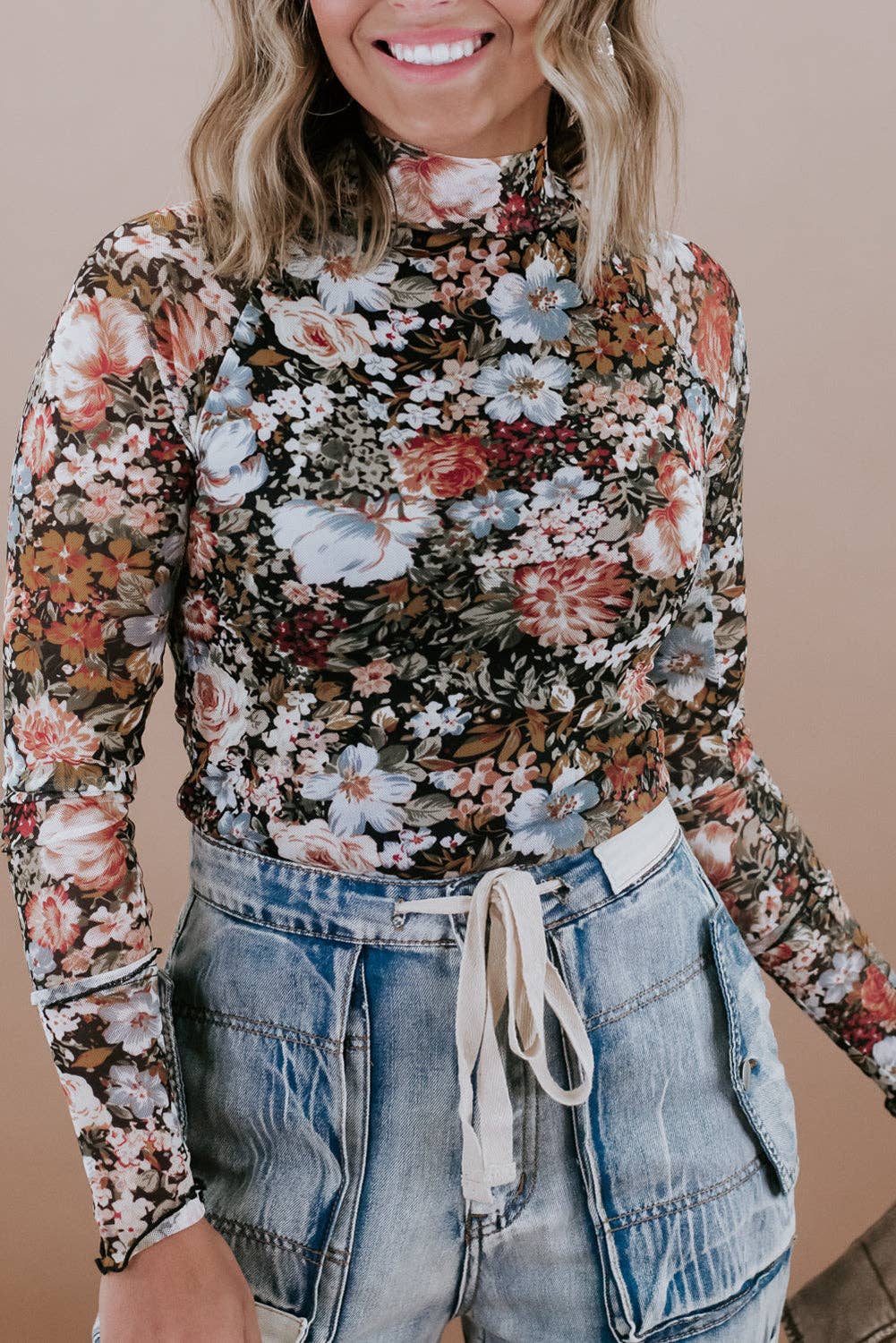 Brown Floral Long Sleeve High Neck Sheath Mesh Blouse: Brown