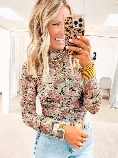 Black Retro Floral Print Mock Neck Mesh Long Sleeve Top