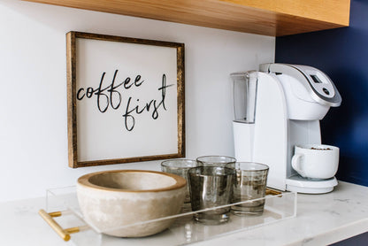 Coffee First Framed Print – Kitchen & Coffee Bar Wall Art: White