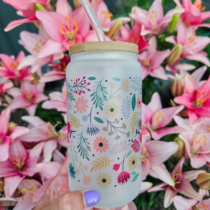 Spring Vibes Flower Frosted Glass Can with Bamboo Lid: Glass