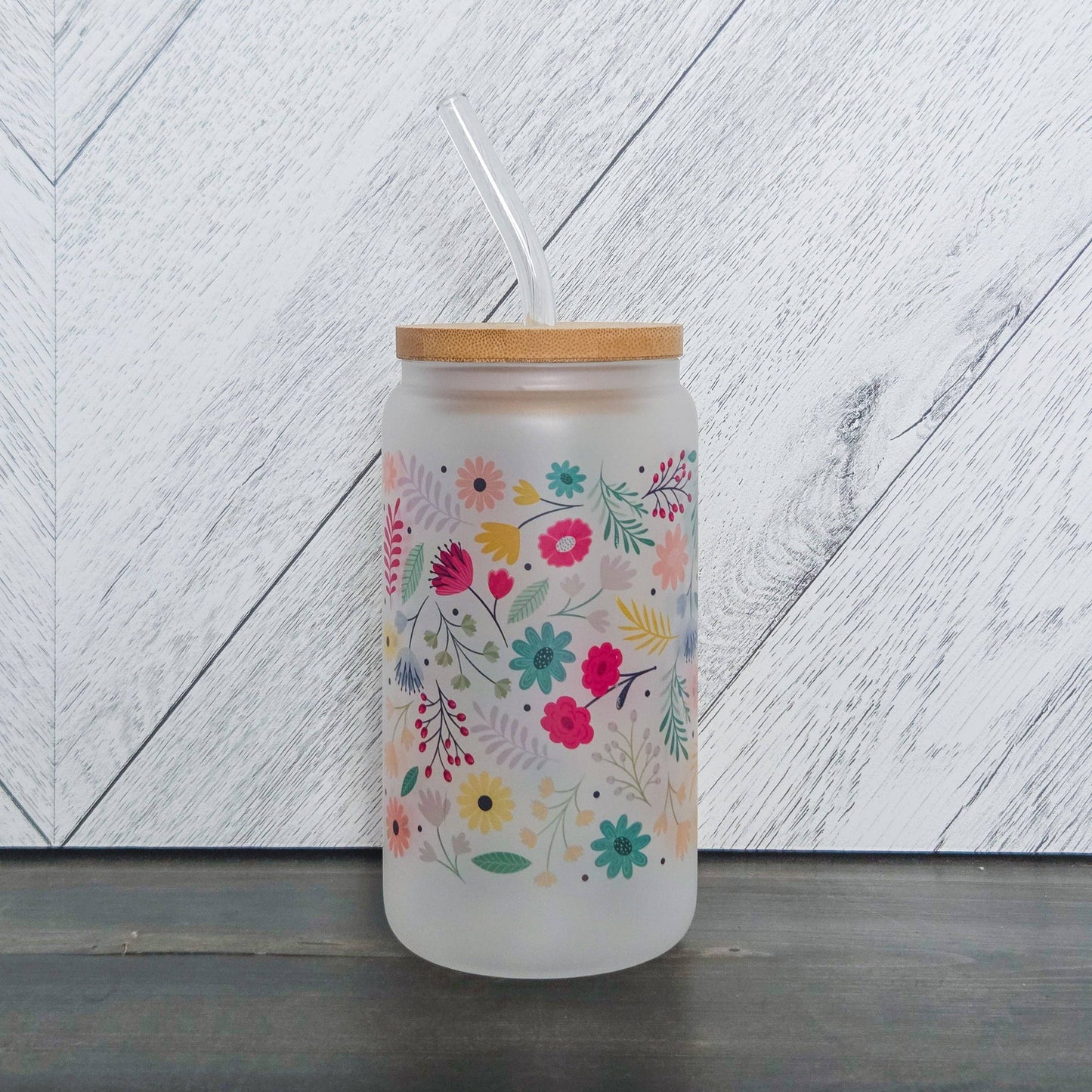 Spring Vibes Flower Frosted Glass Can with Bamboo Lid: Glass