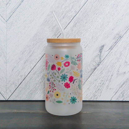 Spring Vibes Flower Frosted Glass Can with Bamboo Lid: Glass