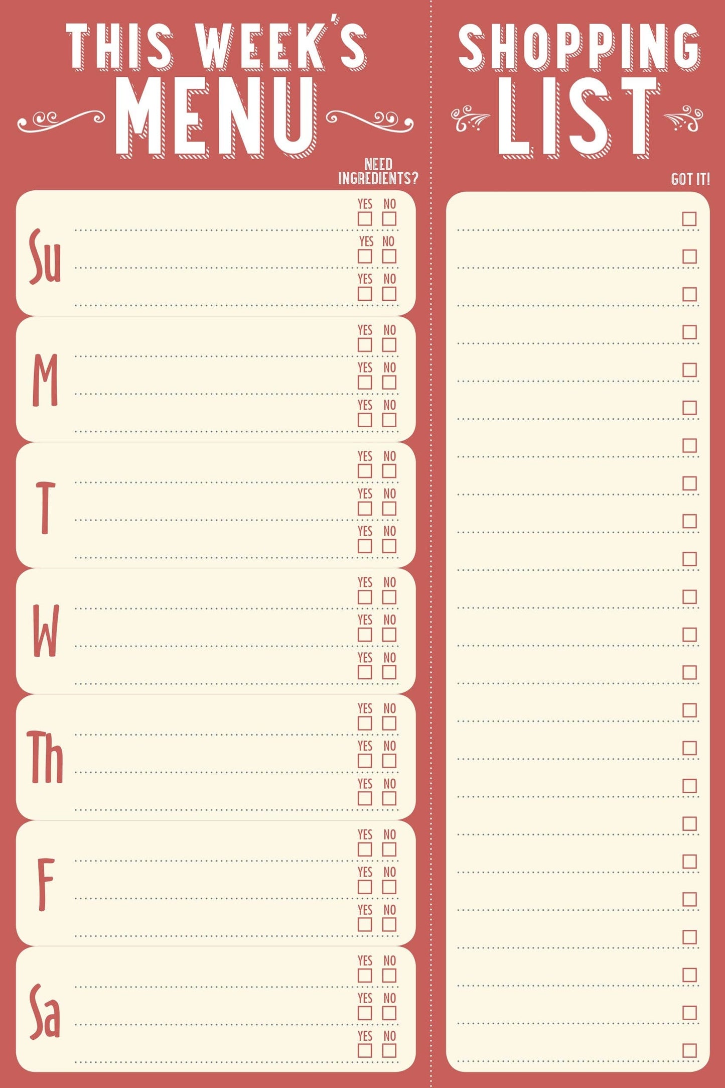 This Week's Menu Note Pad