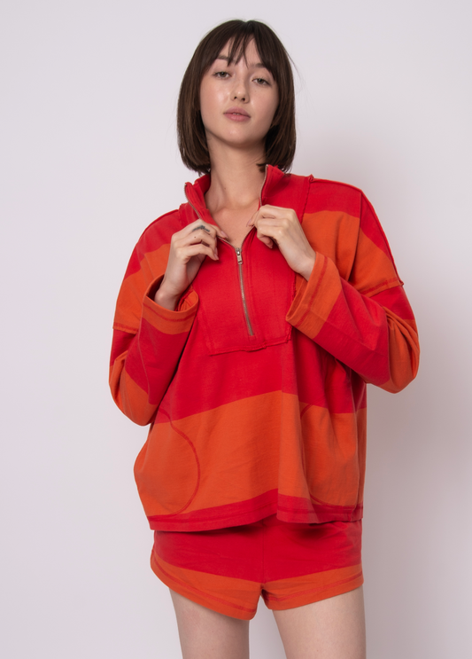 CAMILLE STRIPE HEAVY JERSEY LS HALF ZIP TOP - Cherry