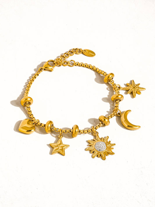 Fenix 18K Gold Non-Tarnish Star And Moon Charm Bracelet: Yellow Gold