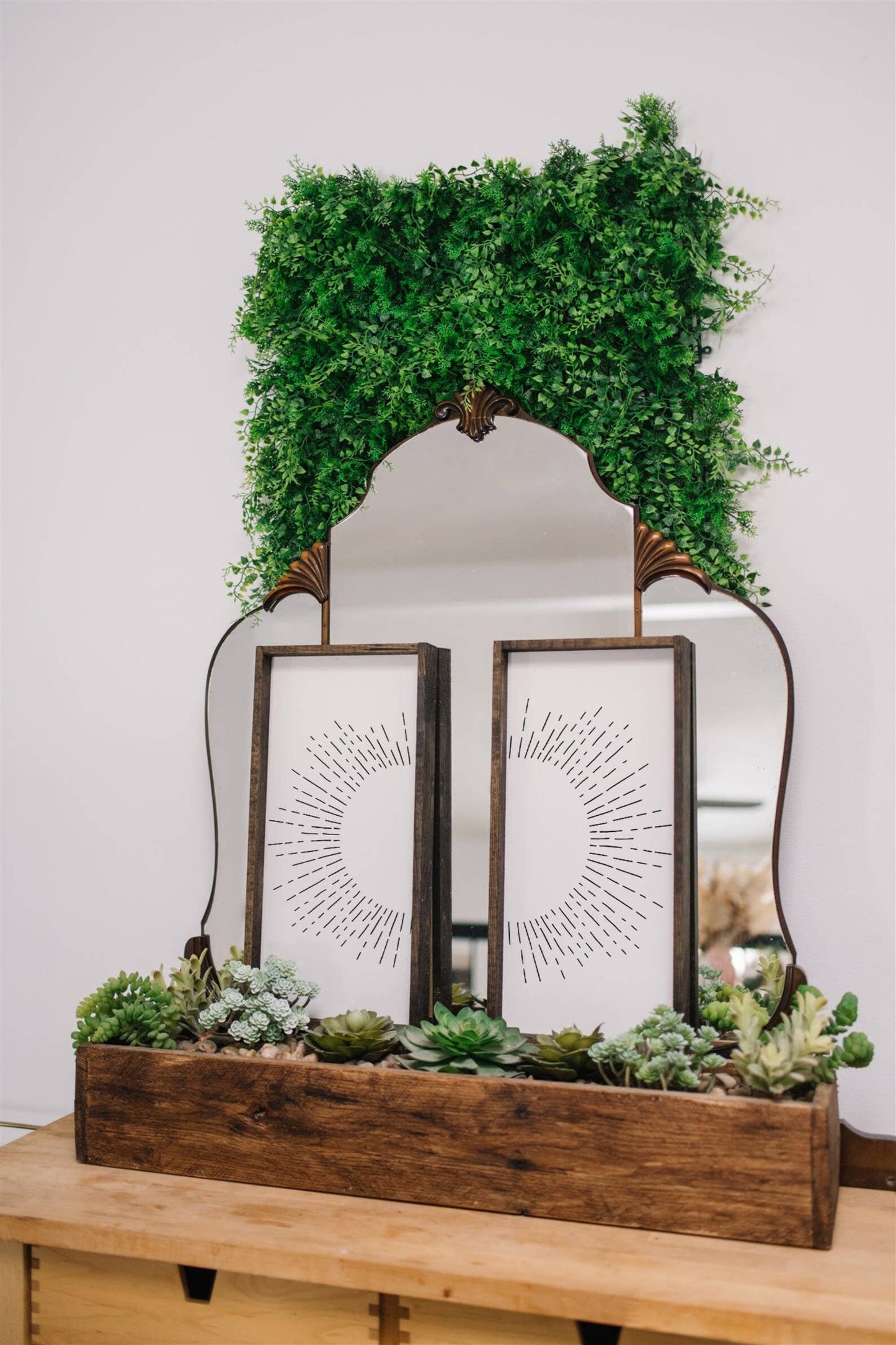 Sunburst Framed Print – Handmade Boho Line Art Wood Print: Clay