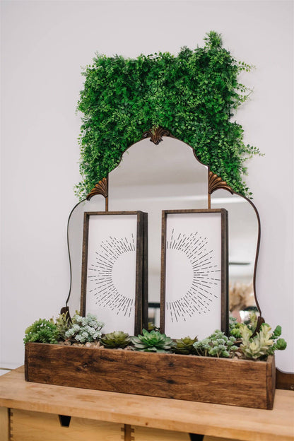 Sunburst Framed Print – Handmade Boho Line Art Wood Print: Clay