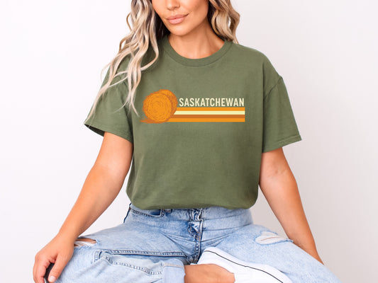 Saskatchewan Retro 70s Unisex T-shirt | Saskatchewan Clothing | Prairie Clothing: Military Green