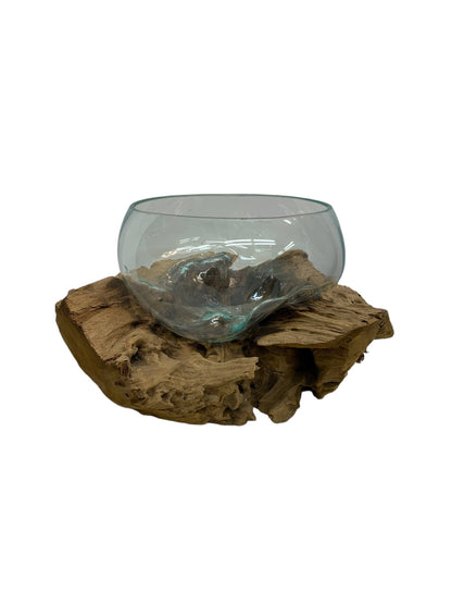 Large Glass Bowl Hand Blown Glass on Driftwood
