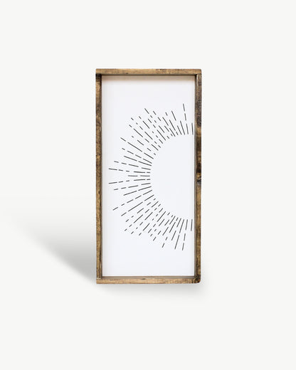 Sunburst Framed Print – Handmade Boho Line Art Wood Print: Peach