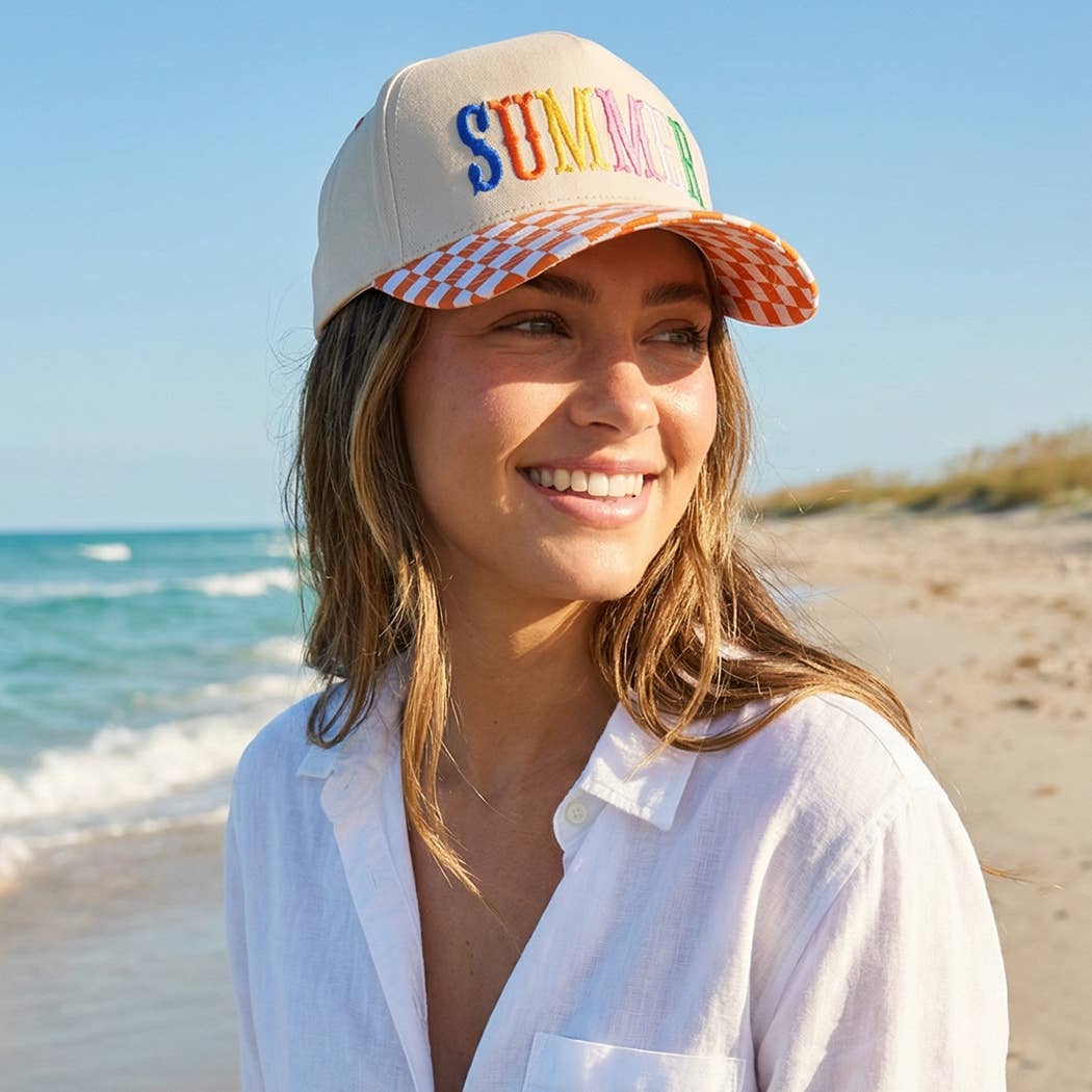 SUMMER Embroidered Checkered Brim Trucker Hat: DK.GREEN / ONE SIZE