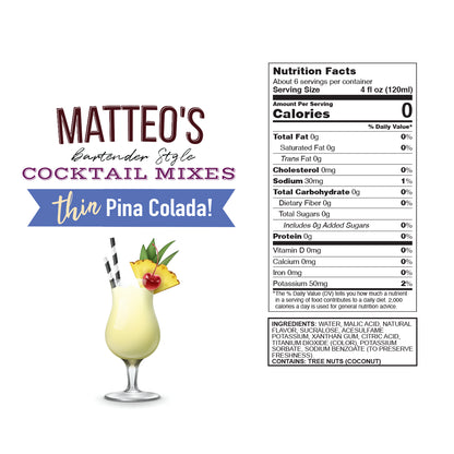 Matteo's Sugar Free Cocktail Mixes - Pina Colada - Delicious Cocktail Mixers, 0 Calories, 0 Sugar Cocktails, Keto Friendly Drinks: 1 Bottle