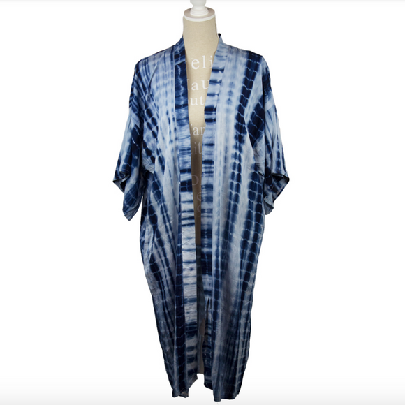 Light Blue & Navy Tie-Dye Long Kimono